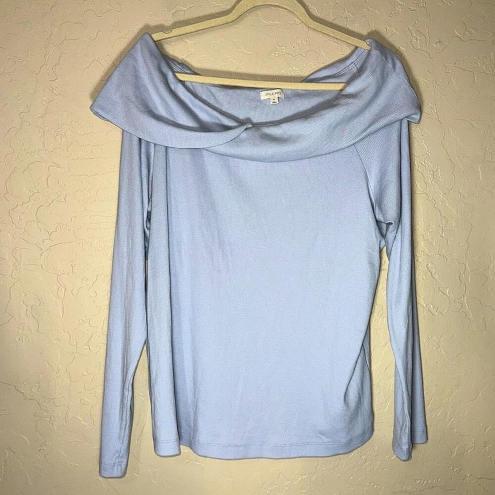 Pilcro by Anthropologie plus size blue ribbed boat k neck off the shoulder top